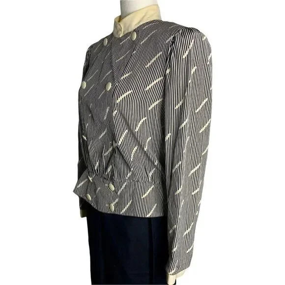 Vintage 80s Louis Feraud Top Skirt Set 12 Navy Blue Linen Silk Stripe - Picture 6 of 9